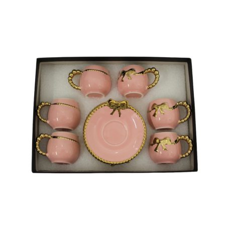 Set 6 cești cu fundiță ceramică roz cu auriu