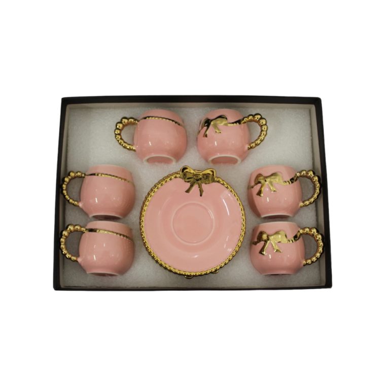 Set 6 cești cu fundiță ceramică roz cu auriu