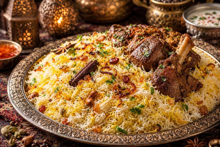 Orez basmati cu bob lung servit pe platou oriental alături de carne și condimente