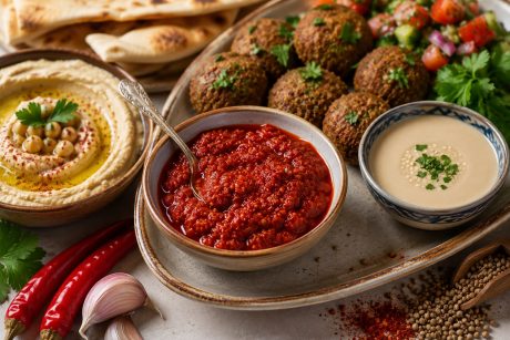 Harissa autentica tunisiana servita cu hummus tahina falafel si lipie libaneza