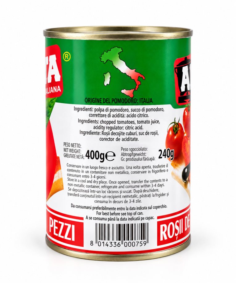 Ingrediente Roșii Decojite Cuburi Amata 400g