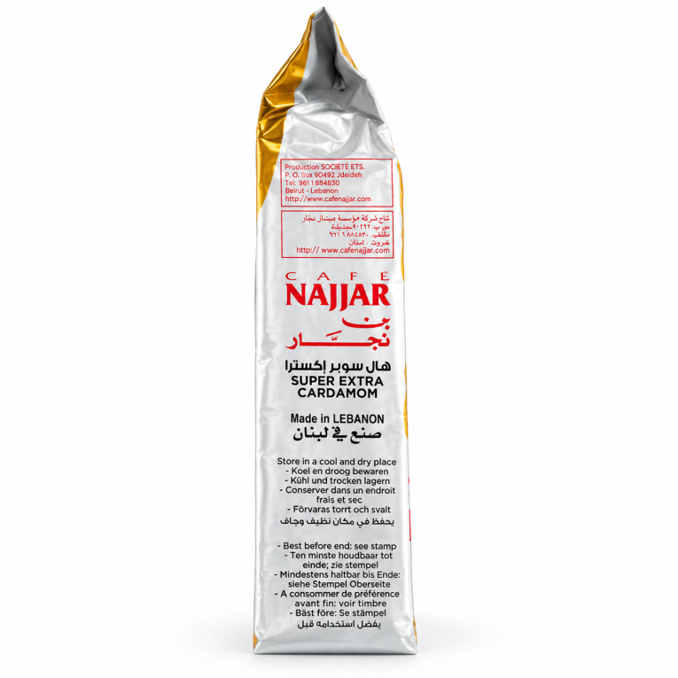 Cafea Najjar Super Extra cu Cardamom 450 g – etichetă laterală Made in Lebanon