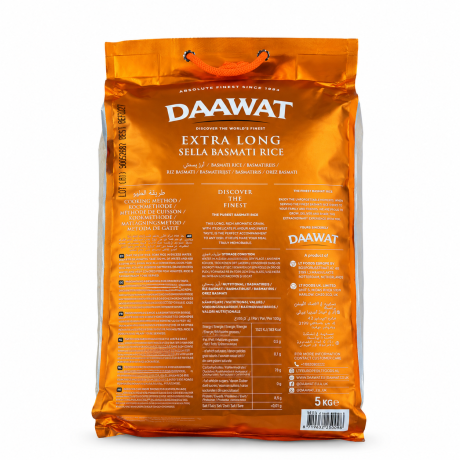 Spatele ambalajului Orez Basmati Sella Extra Long Daawat 5kg, cu informații despre produs, valori nutriționale și modul de preparare.