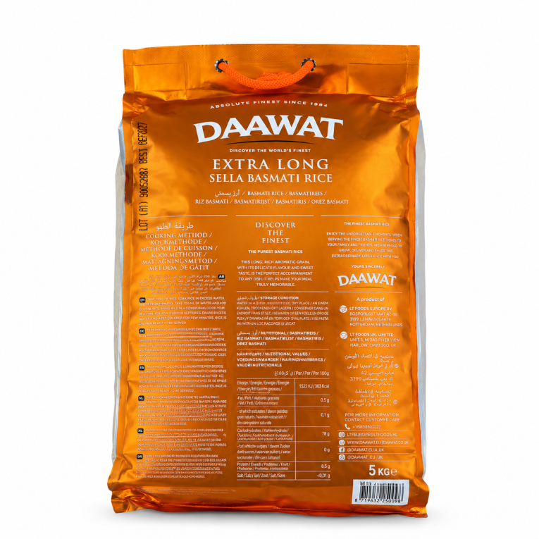Spatele ambalajului Orez Basmati Sella Extra Long Daawat 5kg, cu informații despre produs, valori nutriționale și modul de preparare.