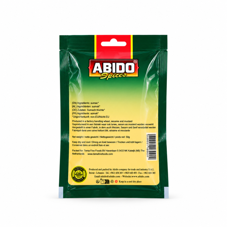 Sumac boabe Abido 50 g – spatele ambalajului cu ingrediente și informații despre alergeni